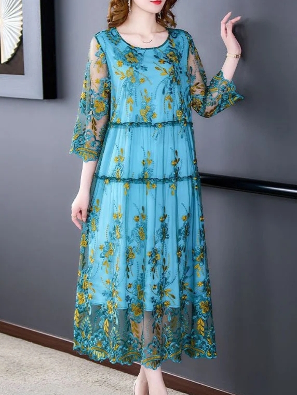 Teal Floral Embroidered Midi Dress with Sheer Sleeves